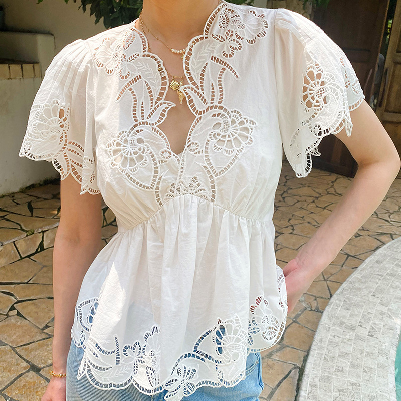 Embroidery Cotton Shirt - French Style Floral Eyelet Embroidery Blouse