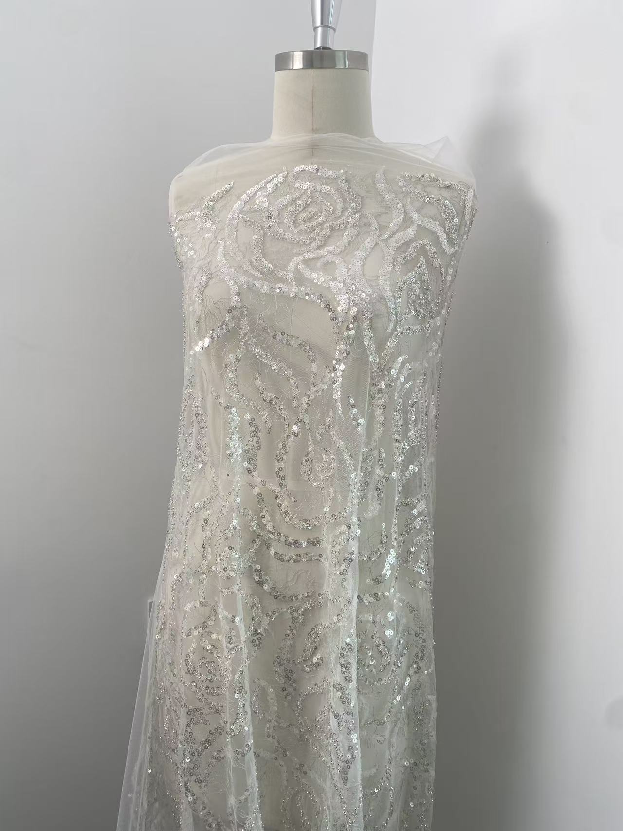 Embroidery Rose - Heavy Bead Lace Fabric, Silver Sequins