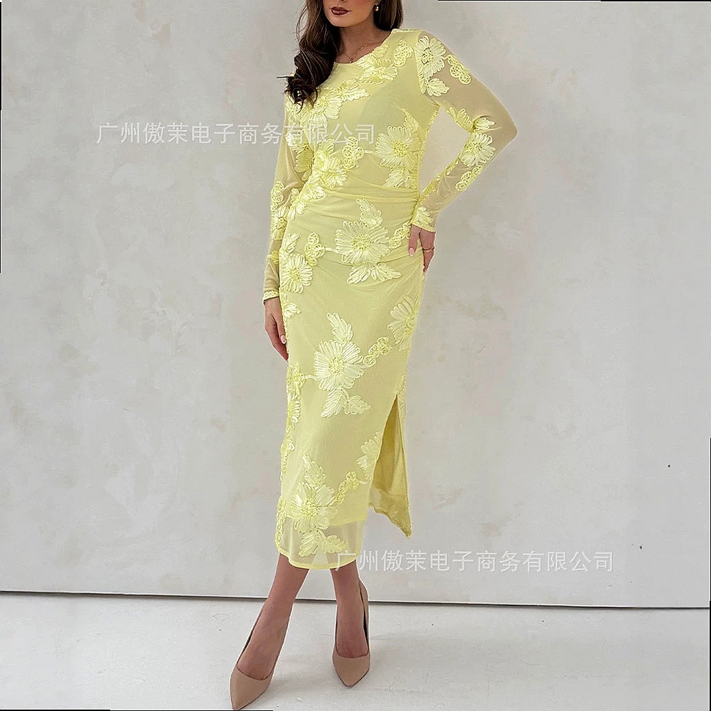 Bright Yellow 3D Floral Embroi - Embroidery Yellow Dress review and price