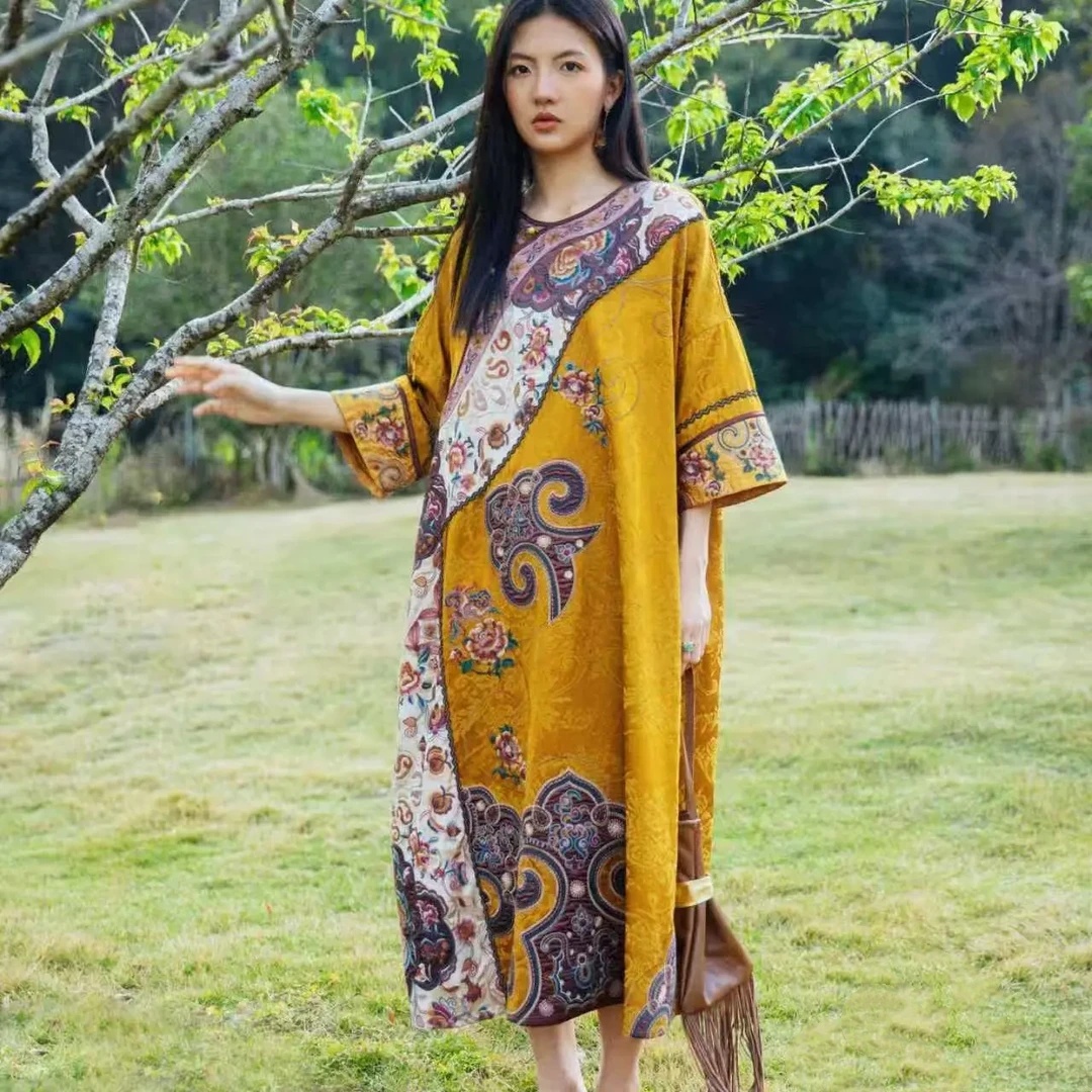 Luxury spring robe for women y - Embroidery Yellow Dress review and price