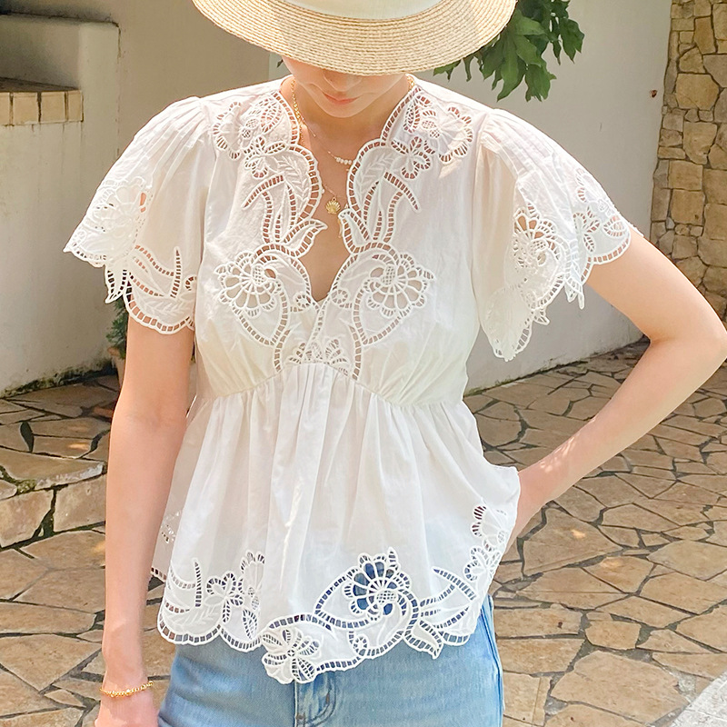 French Style Floral Eyelet Emb - Embroidery Cotton Shirt review and price