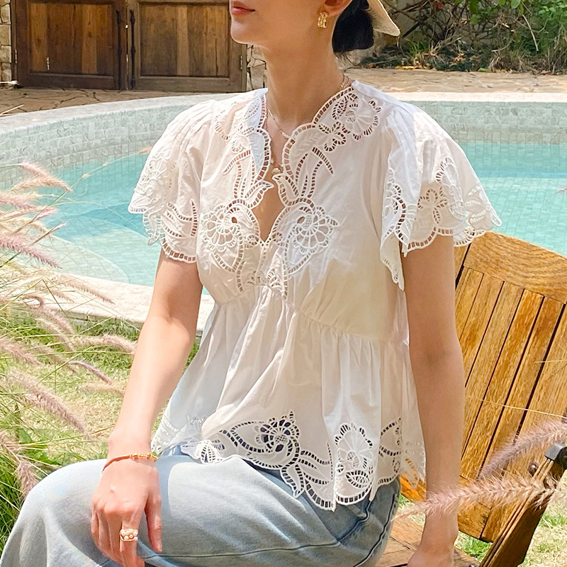 French Style Floral Eyelet Emb - Embroidery Cotton Shirt review and price