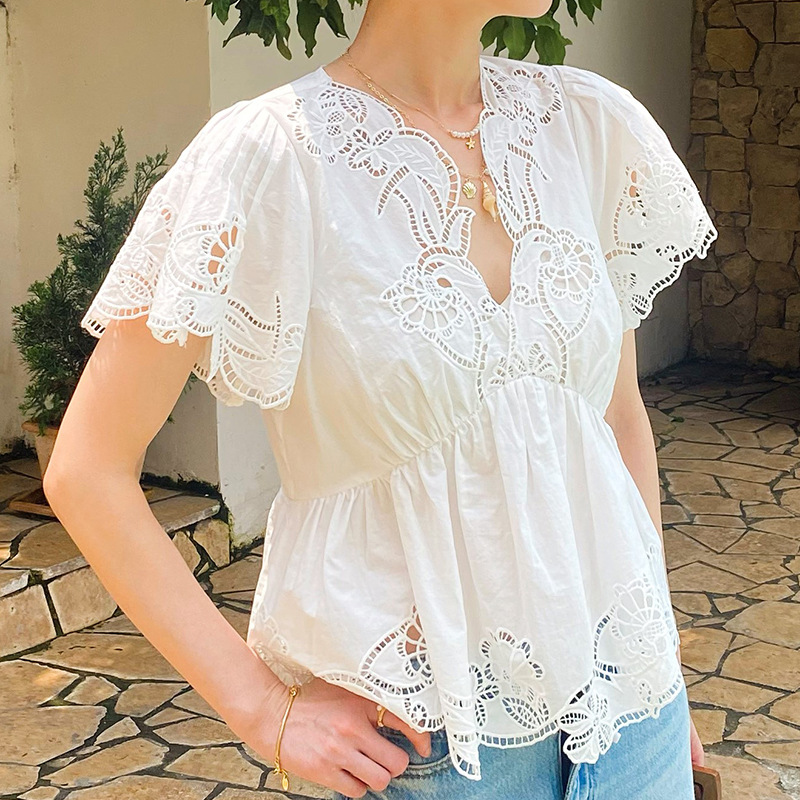 French Style Floral Eyelet Emb - Embroidery Cotton Shirt review and price