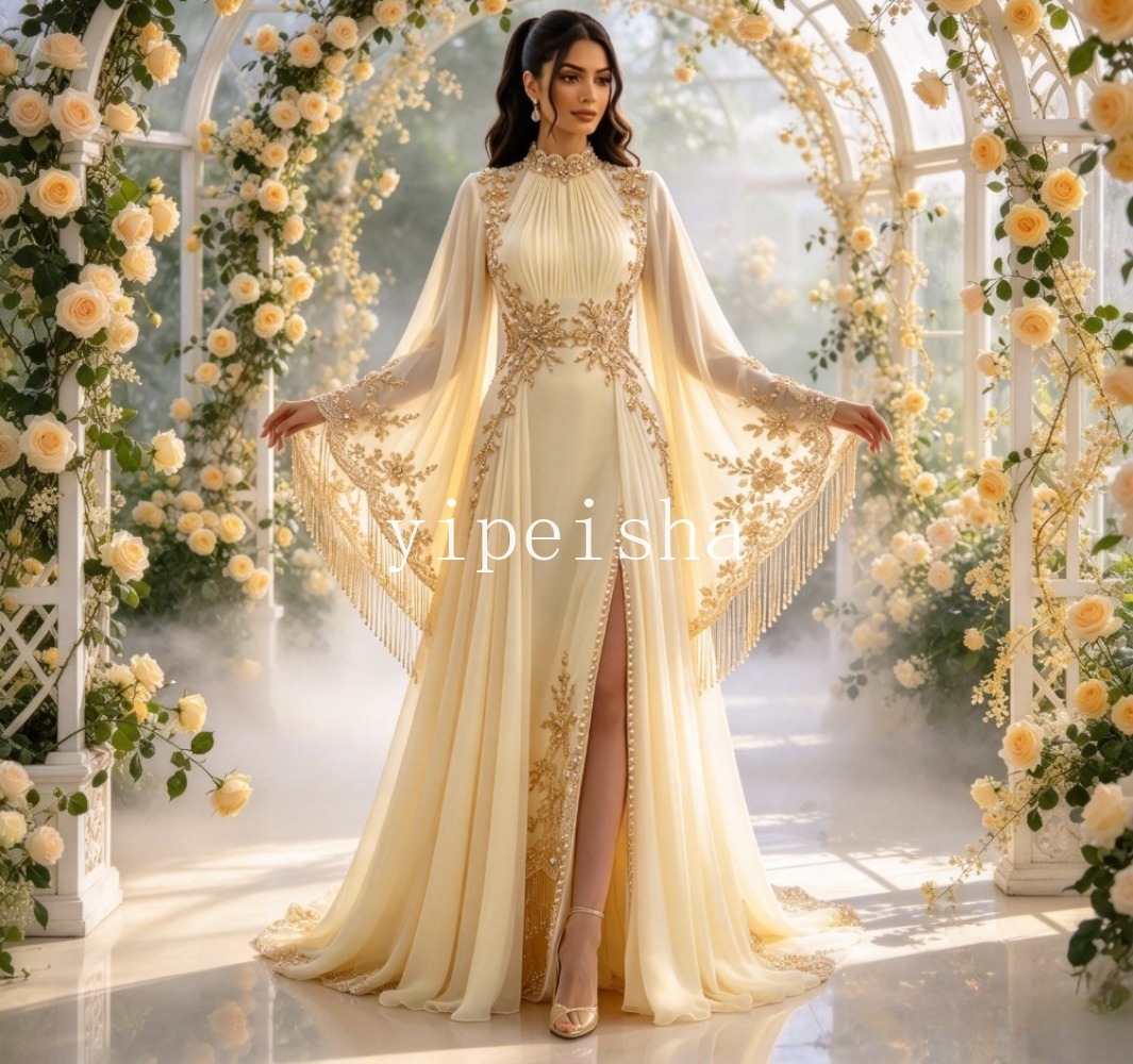 Customized Pale Yellow High Ne - Embroidery Yellow Dress review and price