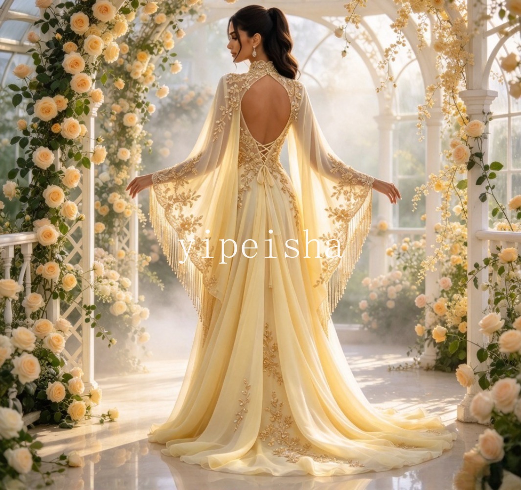 Customized Pale Yellow High Ne - Embroidery Yellow Dress review and price