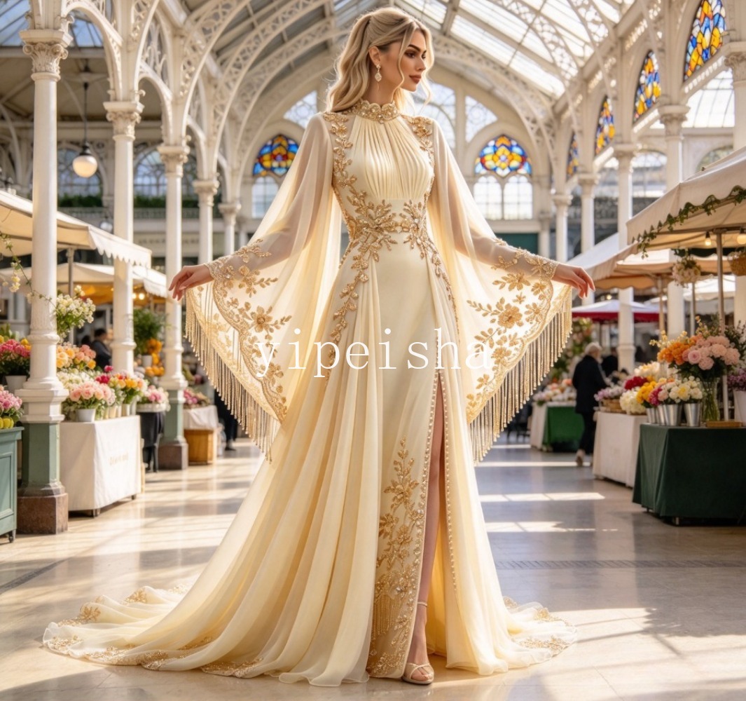 Customized Pale Yellow High Ne - Embroidery Yellow Dress review and price