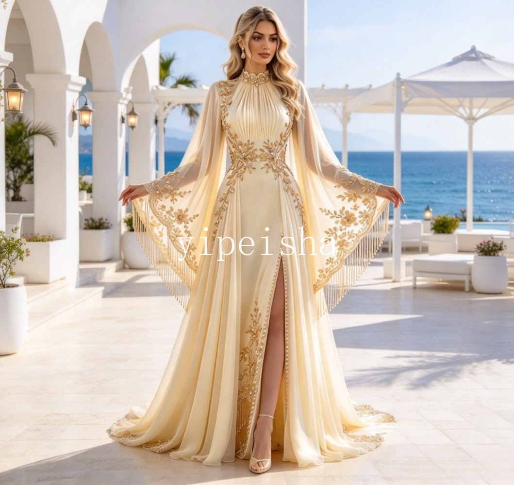 Customized Pale Yellow High Ne - Embroidery Yellow Dress review and price